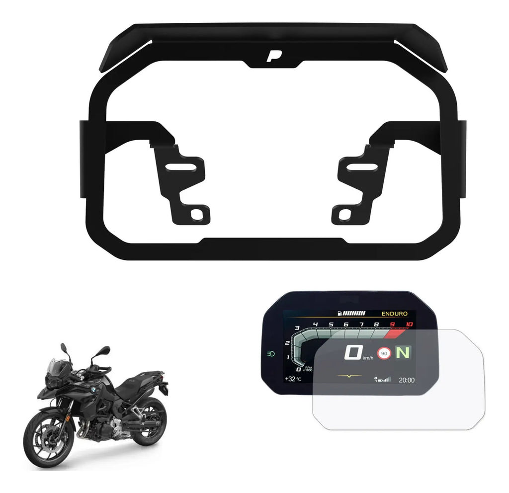 Kit F800gs: Protetor Farol Grade + Película + Anti Furto Painel Tft + Protetor Sensor Pezinho Preto