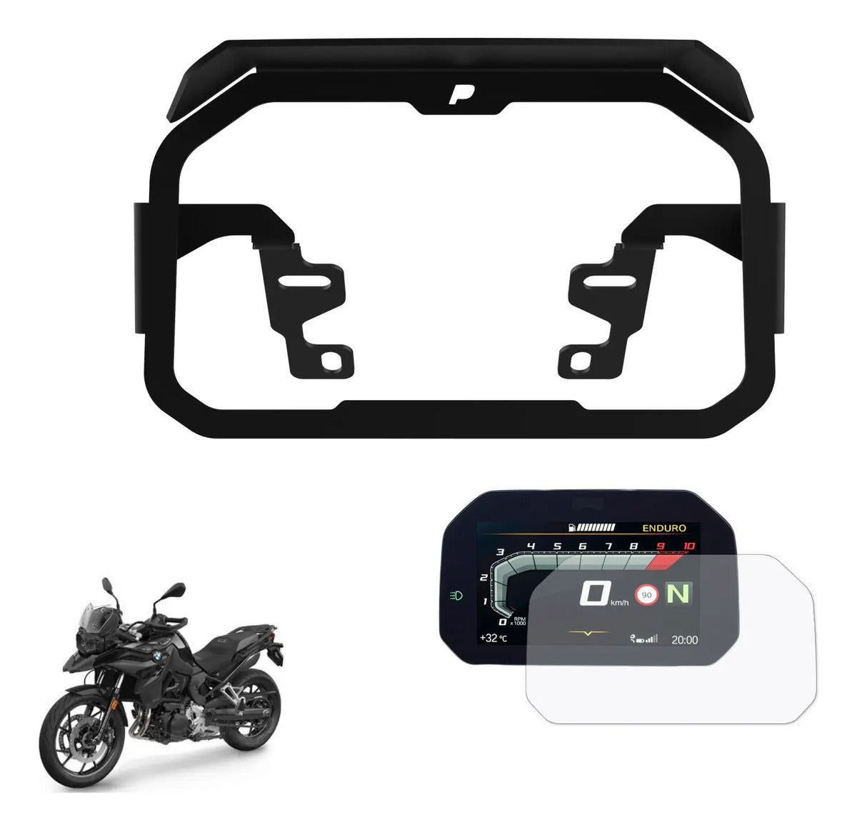Kit F800gs: Protetor Farol Grade + Película + Anti Furto Painel Tft + Protetor Sensor Pezinho Preto