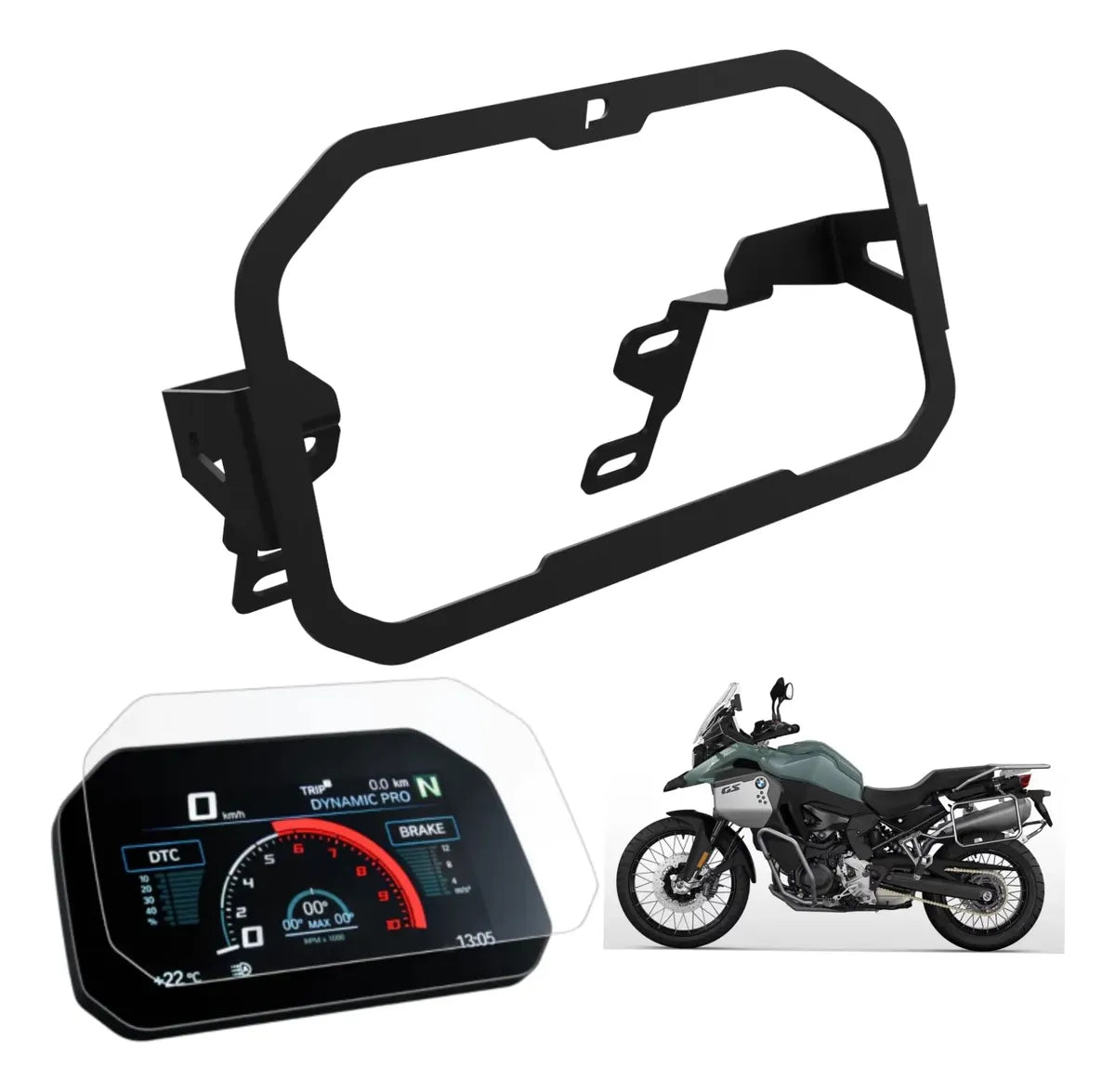 Kit F900: Suporte Celular Gps Adventure Preto + Canopla E Flange + Protetor Painel Antifurto + Película