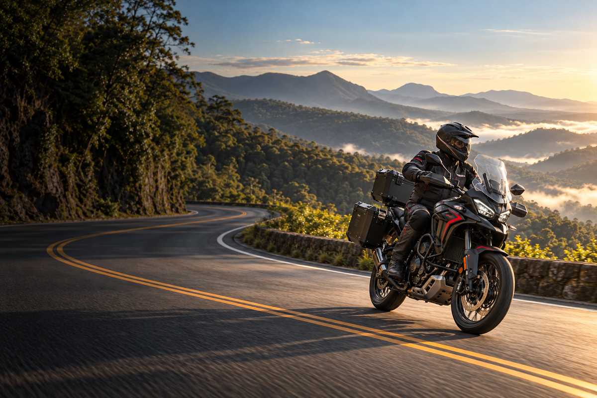 Motociclista à direita em uma estrada de serra ao amanhecer